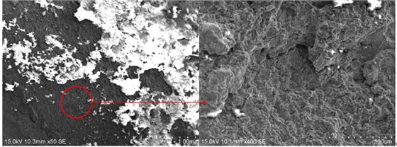 圖2 斷口源區(qū)宏、微觀形貌，沿晶特征+二次裂紋