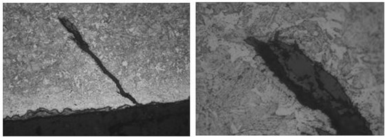 圖16-12 裂紋形態(tài) 100&times; 圖16-13 裂紋尖端 400&times;