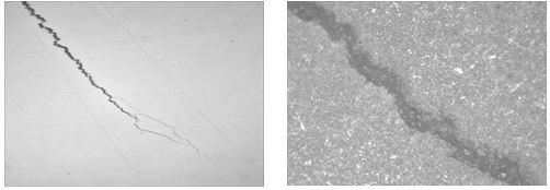 螺母淬火裂紋未腐蝕， 螺母淬火裂紋局部放大 500&times;